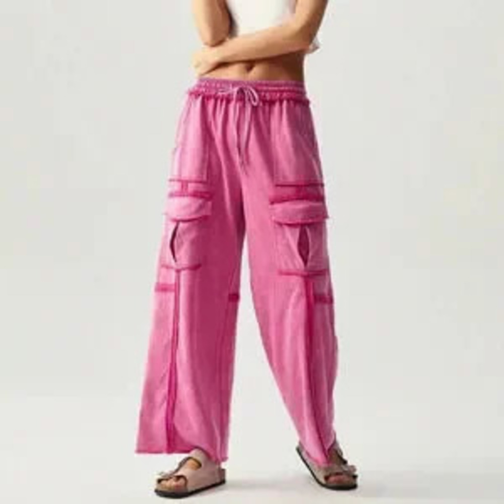 Hot Pink Casual Women's Vacation Knit Pocket Wide Leg Pants
